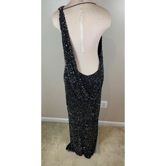 Retrofete Celine Sequin Asymmetrical Shoulder Draped Black Maxi Dress Size L - Picture 6 of 9